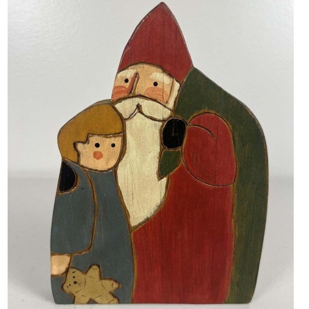 Vtg Handcrafted Wood Santa Claus Figurine Toy Sack Child‎ Bear  Christmas Signed